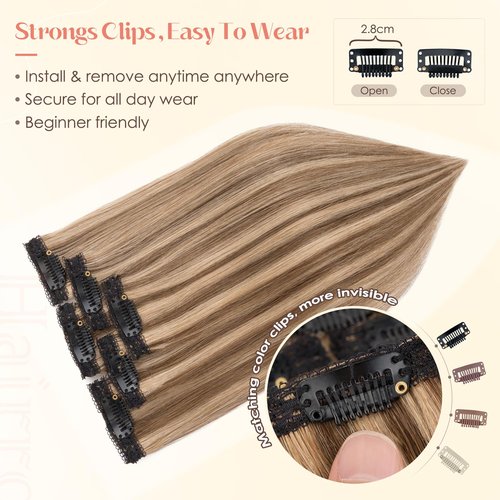 Hairro 6PCS 6 Clips In Short Hair Extensions Remy Real Human Hair Clip Ins Mini Clip On Hairpin Hairpieces For Women 36g 14 Inch #4P27 Medium Brown&Dark Blonde