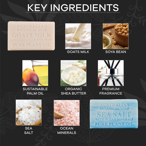 Australian Botanical Men's Soap Bars, Duo Pack Luxury Body and Beard Bars, Sea Salt and Goats Milk Soap, Gift for Men, 6.6 oz. 4 Bars of Each, 8 Pack