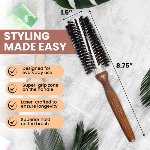 SHASH Since 1869 Hand Made In Germany Professional Series Boar Bristle Round Brush - Add Volume, Help Fight Frizz - Super-Grip Handle for Easy Styling - Eco-Sour (Small)
