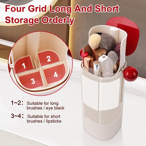Osuke Makeup Brush Holder Organizer with Lid,Makeup Organizer with One Touch Open,4 Slot Make up Brushes Cup for Cosmetics, Make Up Brush, Bathroom Vanity Desktop Dustproof Organizers