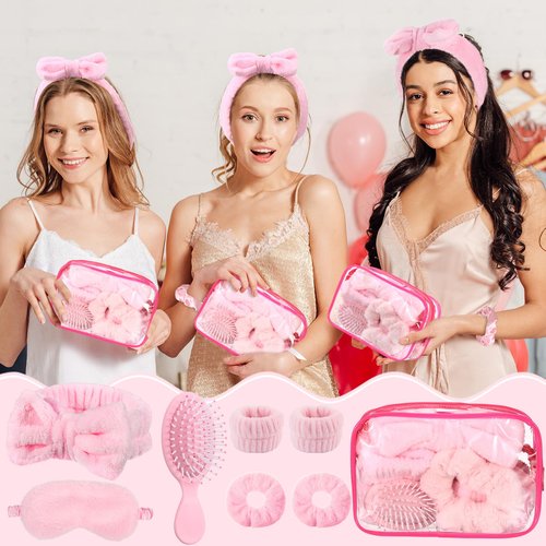 Daifunli 36 Pieces Pink Spa Sleepover Party Favors 6 Pink Spa Headband 6 Plush Sleep Eye Mask 6 Velvet Scrunchies 6 Wristband 6 Hair Brush 6 Clear Cosmetic Bags for Slumber Party Favor Gift