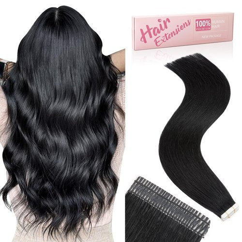 Charites Jet Black Tape in Hair Extensions Human Hair 20pcs 40g - Double Stitched Adhesive Real Human Hair Extensions - Invisible Tape ins Human Hair Extensions - 14 Inches 01#