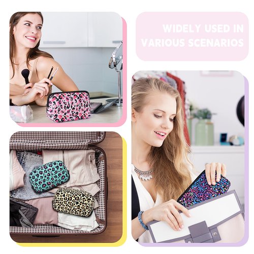 Playexen Large Makeup Bag, Portable Cosmetic Bag for Purse, Washable Neoprene Makeup Travel Pouch for Women (Leopard-Brown)