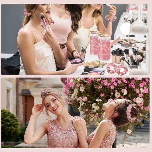 KIKINIKO Bridesmaid Gifts Set of 6 Pink, Total 42 pcs, Bridesmaid Proposal Gifts Contain 16oz Glass Cups Cosmetic Makeup Bags Invited Cards Scrunchies Hair Knotted Bracelets Diamond Pens love clip
