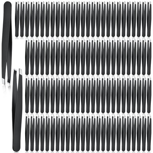 Lasnten 120 Pieces Stainless Steel Eyebrow Slanted Tweezers Black Slanted Tip Eyebrow Tweezers for Men and Women Removal Eyebrows,Ingrown Hair,Hand and Facial Hair,Lash Extension