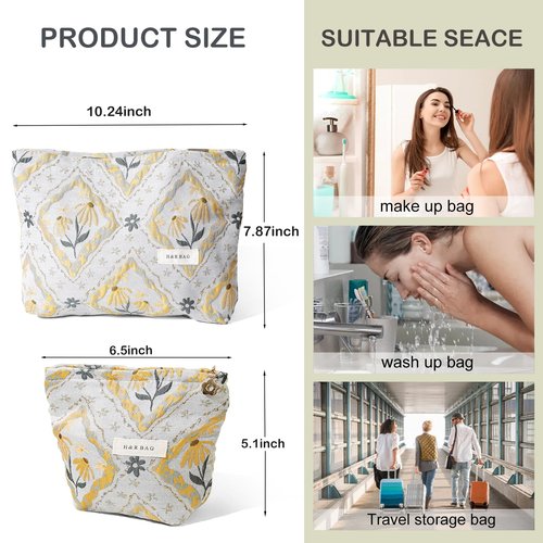 PLOPONOM 2 Pcs Makeup Bags,Large Capacity Travel Cosmetic Bag for Women,Sage Green Flower Relief Small Cosmetic Organizer,Portable Toiletry Pouch Purse with Zipper