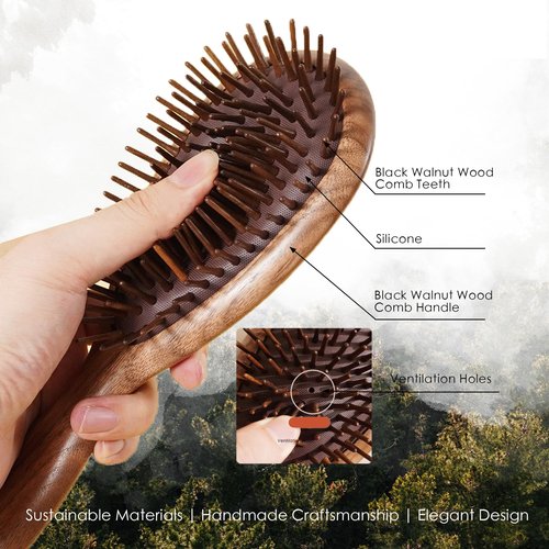 Lindale Walnut Wooden Hair Brush for Hair Growth with Natural Walnut Bristles Detangler Paddle Hairbrush for Massaging Scalp for Women Men, Reduces Static for Curly Hair with Ergonomic Handle Oval