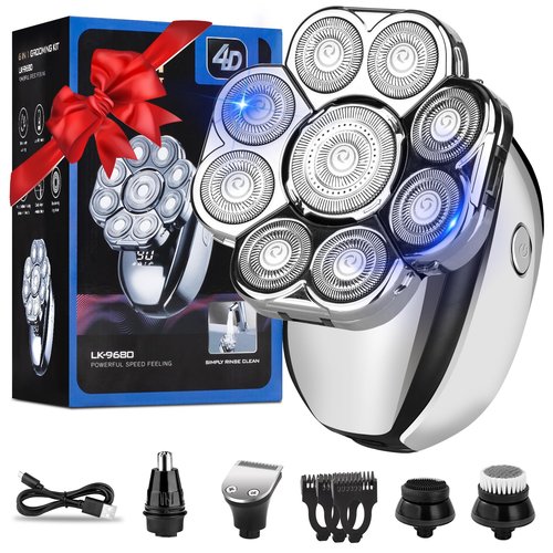 Upgrade Head Shavers for Bald Men,Head Shaver 9D, 6-in-1 Electric Razor Grooming Kit with Nose Hair Trimmer, Waterproof Wet/Dry Shaver, LED Display, Rechargeable Bald Head Razor, Gift for Men
