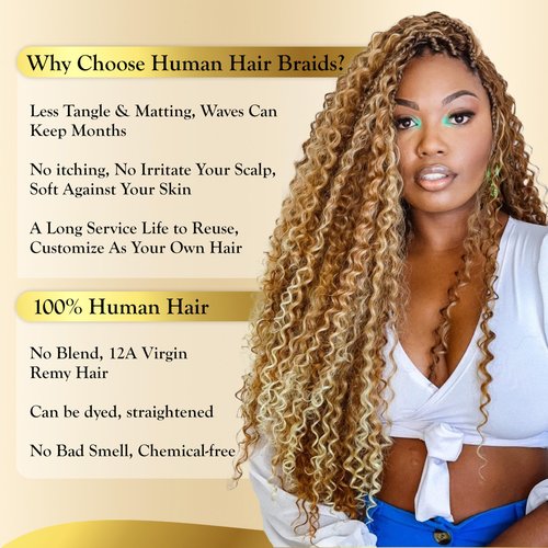 Syrenlore Highlighted Multi-Blonde 27/613 Braiding Hair for Boho Braids, Ombre Deep Wave Human Hair Bulk 22 Inch 50G LIGHT BULK