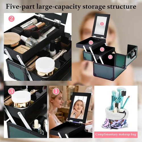 GALHUBIS Makeup Train Case, Portable Makeup Case with Mirror, 2-Trays Cosmetic Organizer Case,Nail Polish Organizer, Travel Makeup Box, Profesional for Salon Barber, Green