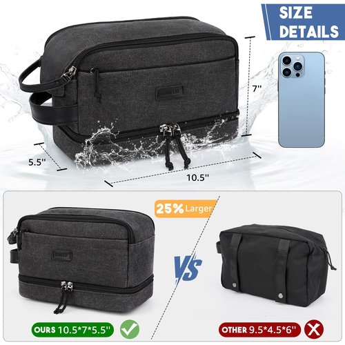 ZOMFELT Travel Toiletry Bag for Men, Canvas Hanging Toiletry Bag Shaving Dopp Kit Water Resistant Bathroom Shower Bag with Double Layer, Makeup Cosmetic Hygiene Bag for Toiletries Accessories, Black