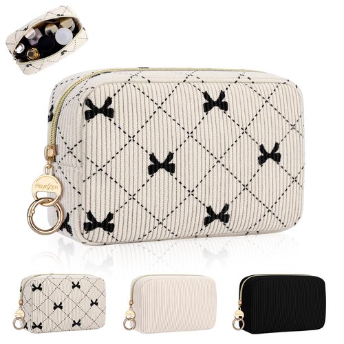 Playexen Small Makeup Bag for Purse, Corduroy Small Cosmetic Bag with Ring Buckle & Inner Pockets, Portable Bow Toiletry Makeup Pouch Purse for Travel Daily Use (Beige)