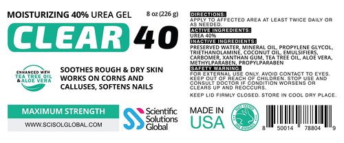 Clear 40, 40% Urea Gel, 8 oz w/Tea Tree & Coconut Oil, Aloe Vera Extract, Works on Calluses & Corns, Moisturizes & Softens Cracked Heels, Feet, Elbows, Hands, Nails, Superior Hydration to Urea Creams