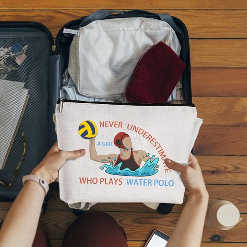JEFBFBWE Water Polo Makeup Bag,Never Underestimate a Girl Who Plays Water Polo - a Ideal Gift for Beach Game, Poolside & Travel - Large Capacity Travel Toiletry Bag