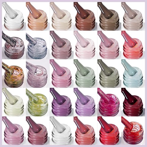 SAVILAND Gel Nail Polish Set: 33pcs Red White Pink Glitter Soak-off Nail Polish with Base & Glossy Matte Top Gel Dark Red Manicure Gifts