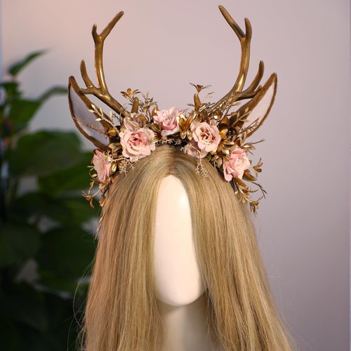 MOSTORY Handmade Gold Flower Antler Headband - Woodland Floral Reindeer Headpiece with Deer Ears Forest Fairy Hairband for Women Girls Renaissance Halloween Cosplay Party Prom Photo Props Pink Rose