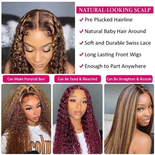 Highlight Wig 16 Inch P4/27 Deep Wave Human Hair Wig Blonde 200% Density Lace Front Wigs 4x4 Lace Closure Wigs Glueless with Baby Hair Human Hair Pre Plucked For Black Women
