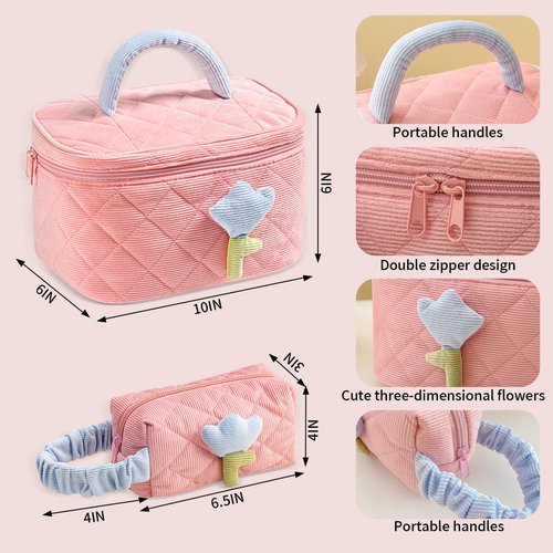 BoAn Cotton Large Floral Makeup Bag Set, Cosmetic Organizer Bag with Quilted Design for Women