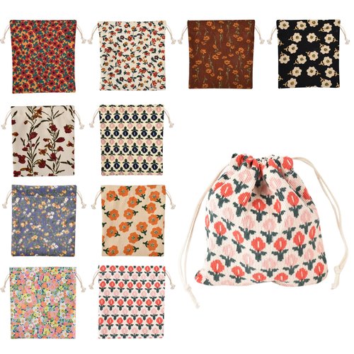 VIOCIWUO Small Flower Makeup Bag 10Pcs, Mini Corduroy Drawstring Bag Portable Small Pocket Cosmetic Bag For Women Travel Storage Cosmetics Headphones Jewelry