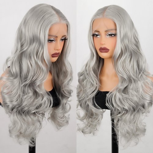 Grey Body Wave Lace Front Wig Synthetic Platinum Silver Middle Part Transparent Lace Long Curly Wig For Women