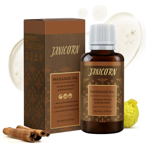 JANICORN Sandalwood & Bergamot Aromatherapy Body & Massage Oil – Lightweight, Fast-Absorbing Hydration with a Woody-Citrus Essential Oil Aroma for a Refreshing Self-Care Experience, 1 fl oz / 30 ml