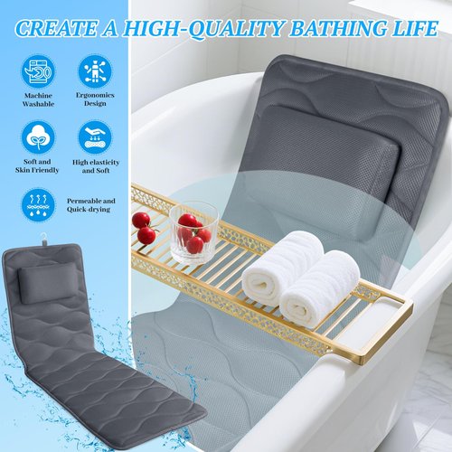 TranquilRelax Bath Pillow for Tub with Laundry Bag & 17 Non-Slip Suction Cups, Extra Thick and Soft Bathtub Pillow for Head, Neck & Shoulder Support, 51" x 16" Grey