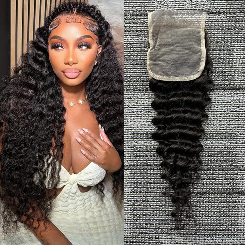 4x4 Deep Wave Lace Closure Human Hair 18 Inch Ear to Ear HD Lace Free Part Closure 100% Brazilian Virgin Human Hair Extensions 150% Density Lace Closure Pre Plucked Natural Black Color