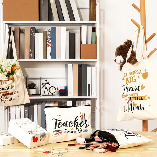 Sadnyy 9 Pcs Teacher Appreciation Gifts Sets Teacher Makeup Pouch Cosmetic Bag Teacher Tote Bag Bulk Canvas Teacher Bangle Bracelet Teacher's Day Birthday Graduation Back to School Gift for Teacher