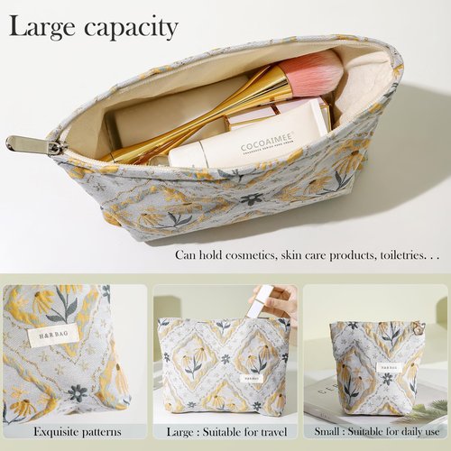 PLOPONOM 2 Pcs Makeup Bags,Large Capacity Travel Cosmetic Bag for Women,Sage Green Flower Relief Small Cosmetic Organizer,Portable Toiletry Pouch Purse with Zipper