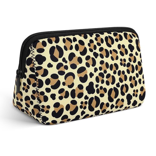 Playexen Large Makeup Bag, Portable Cosmetic Bag for Purse, Washable Neoprene Makeup Travel Pouch for Women (Leopard-Brown)