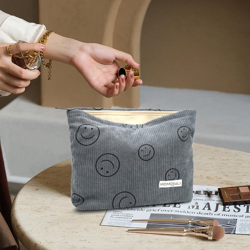 MOMOJULI Corduroy Makeup Bag Cosmestic Bag Large Capacity Ladies Women Aesthetic Make Up Organizer Accessories Zipper Pouch Purse Grey
