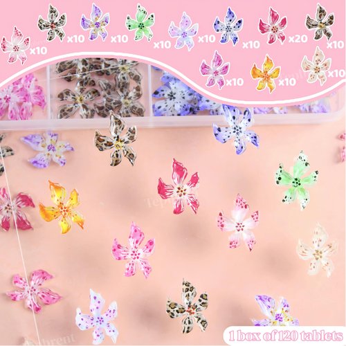 12 Grids 120Pcs Flower Nail Art Charms Cute Hawaii Flower Nail Rhinestones Colorful Flowers Nail Diamonds Hibiscus Floral Nail Gem Summer Nails Jewelry Tiny Flowers Nail Design for Women Nail Supplies