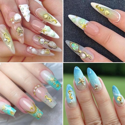 FSpronail Summer Nail Charms Nail Pearls Beach Seashell Starfish Gold Nail Charms Sea Shell Nail Gems 3D Caviar Beads Star Fish Nail Art Ocean Theme Designs Manicure Decoration Supplies