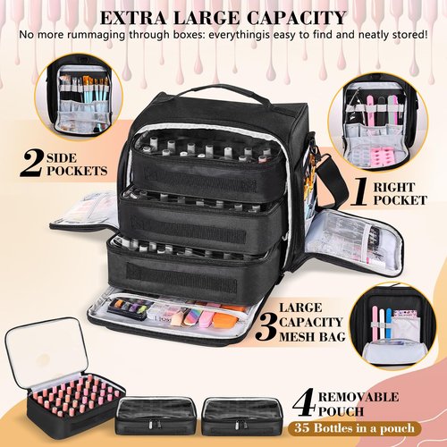 YUYAFN Nail Polish Organizer Holds 105 Bottles, Extra Large Capacity with 3 Removable, Pouches Portable Manicurist Travel Bag for Manicure Tools, Nail Lamp