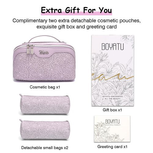 BOYATU Travel Makeup Bags Cosmetic Organizer Bag: 3-Set Large Capacity Make up Bag - PU Leather Toiletry Bags for Women - Wide Open Portable Pouch with Divider & Handle (02-Z-Violet)