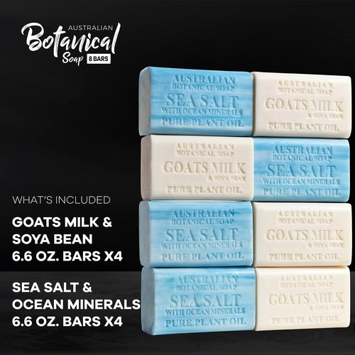 Australian Botanical Men's Soap Bars, Duo Pack Luxury Body and Beard Bars, Sea Salt and Goats Milk Soap, Gift for Men, 6.6 oz. 4 Bars of Each, 8 Pack