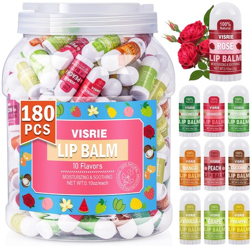 VISRIE Mini Lip Balm 180 Pack, Lip Balm Bulk with Vitamin E & Coconut Oil, Moisturizing Lip Balms for Dry Cracked lips-10 Flavors