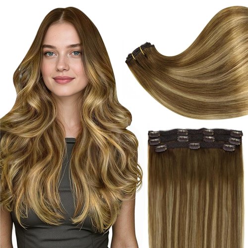 Full Shine Clip in Hair Extensions Human Hair 16Inch Lace Clip in Human Hair Ombre Brown Fading to Blonde Highlight Double Weft Straight Hair Extensions for Women 60Grams 3Pcs