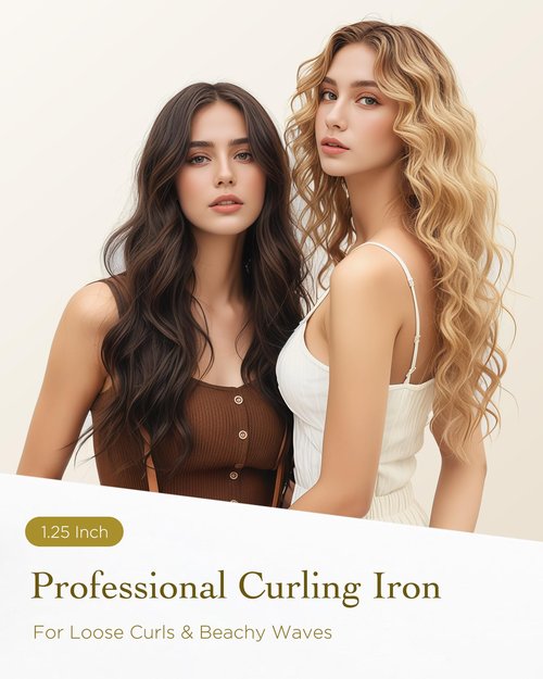 Titanium Curling Iron 1 1/4 Inch, Curling Wand with Clamp for Long Hair, Extra Long Barrel, Dual Voltage, 30s Fast Heating, 5 Temperatures, Auto Shut-Off, Silver+White