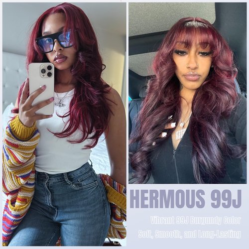 HERMOUS 13A Double Drawn 99J Dark Burgundy Human Hair Bundles Body Wave, Double Lifespan Than Regular Bundle Keep Silky & Soft After Washes Colored #99J Wine Single Bundles Raw Hair Quick Weave 12 IN