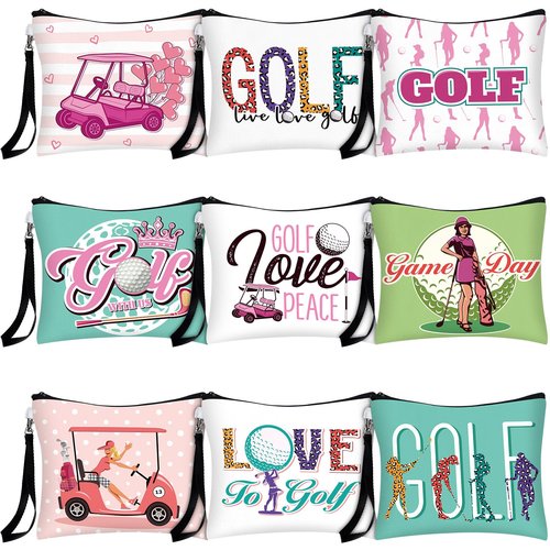 Shinylin 18 Pieces Golf Gift for Women Golfers Cosmetic Bags 9 Styles Makeup Bag Bulk Zipper Pouch Travel Toiletry Bags Purses Organizer Case for Ladies Girls Golfers Lover Player Accessories