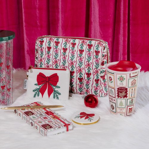 Martha Stewart Festive Quilted Makeup Bag, Compact Cosmetic Organizer for Women, Small Zipper Pouch with PVC Lining, 8.75" x 4" x 6" (Holiday Bow Stripe)