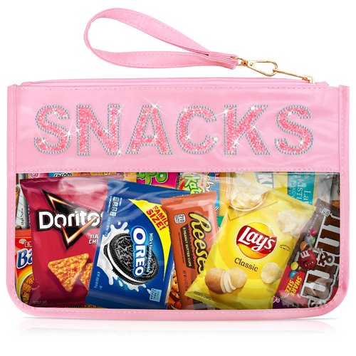 Clear Snack Bag For Travel Beach Work Waterproof, Bling Rhinestone Letter Cosmetic Bags Travel Toiletry Bag,Cute Snack Pouch Organization,Personalized Makeup Bag Gift For Women Girls (Pink-Snacks)
