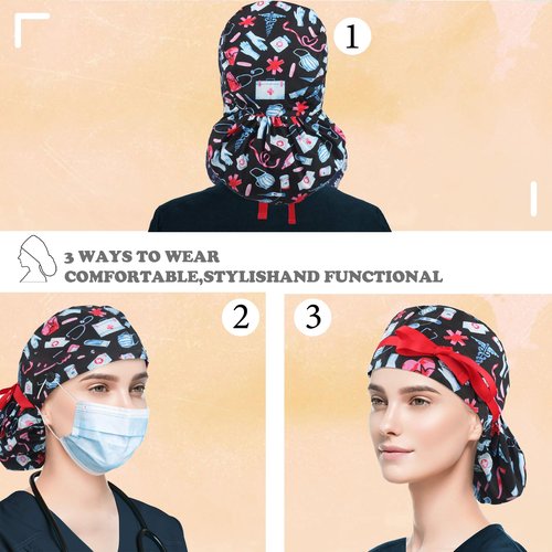 Purefitinsoles Scrub Caps for Women Surgical Nurse Hat with Button Bouffant Ponytail Holder Hair Nets Single or Satin-Lined