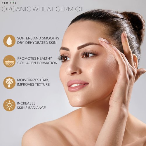 PURA D'OR ORGANIC Wheat Germ Oil (16 Oz x2 = 32 Oz) 100% Pure & Natural USDA Certified Cold Pressed Carrier Oil - Vitamin E Rich, Moisturizing & Nourishing Anti-Aging Properties - Healthy Hair Growth