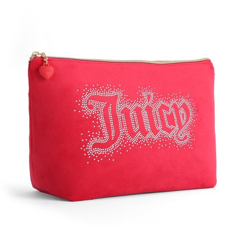 Juicy Couture Red Makeup Bag Cosmetics Organizer Travel Essentials Top Zip Pouch Rhinestone Velour