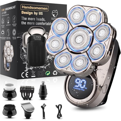 9D Electric Head Shavers for Bald Men, Upgraded 5-in-1 Waterproof Wet/Dry Grooming Kit Electric Shaver for Men, Cordless Rechargeable Bald Head Razor for Home&Travel
