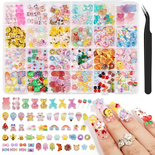 Kikonoke 300PCS Kawaii Nail Charms Kit, 3D Animal & Candy Resin Charms for Acrylic Nails, Cute Bear Bee Fruit Nail Art Supplies with Tweezers for DIY Crafts & Shoe Decor