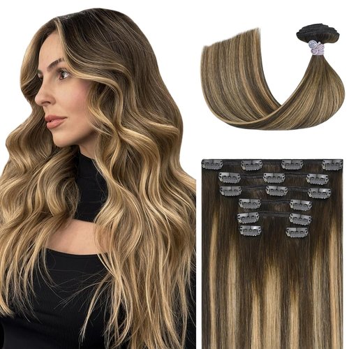 Ukira Balayage Clip in Hair Extensions Real Human Hair, 12 Inch 75g 4/27/4 Chocolate Brown to Caramel Blonde Ombre Human Hair Extensions, Natural Straight Remy Human Hair Clip ins for Women