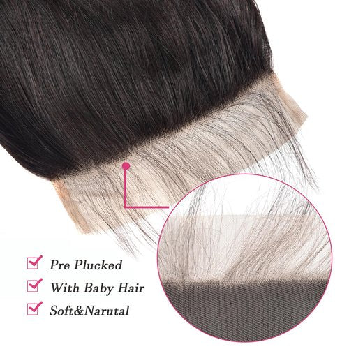KAFEIER 6x6 Hd Lace Closure Front Brazilian Human Hair With Baby Hair Straight Wave Pre Plucked Lace Closure Free Part Bleached Knot Brazilian Virgin Hair Natural Color 12 inch